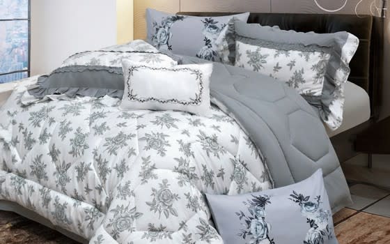 Maali Cotton Double Face Comforter Bedding Set 7 PCS - King White & Grey