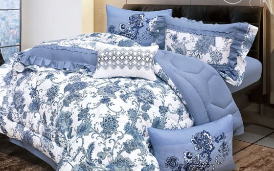 Maali Cotton Double Face Comforter Bedding Set 6 PCS - Queen White & Blue