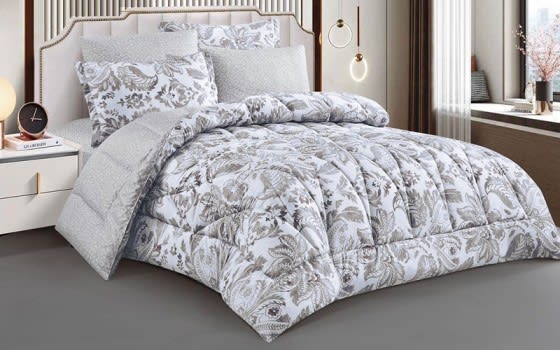 Sedra Double Face Comforter Bedding Set 6 PCS - King White & Brown