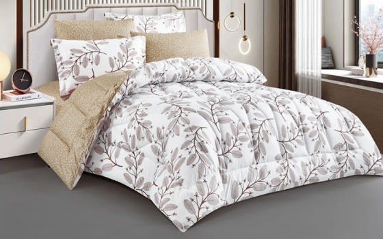 Sedra Double Face Comforter Bedding Set 6 PCS - King White & Beige 