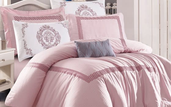 Hzsa Embroidered Stripe Comforter Bedding Set 7 PCS - King Pink