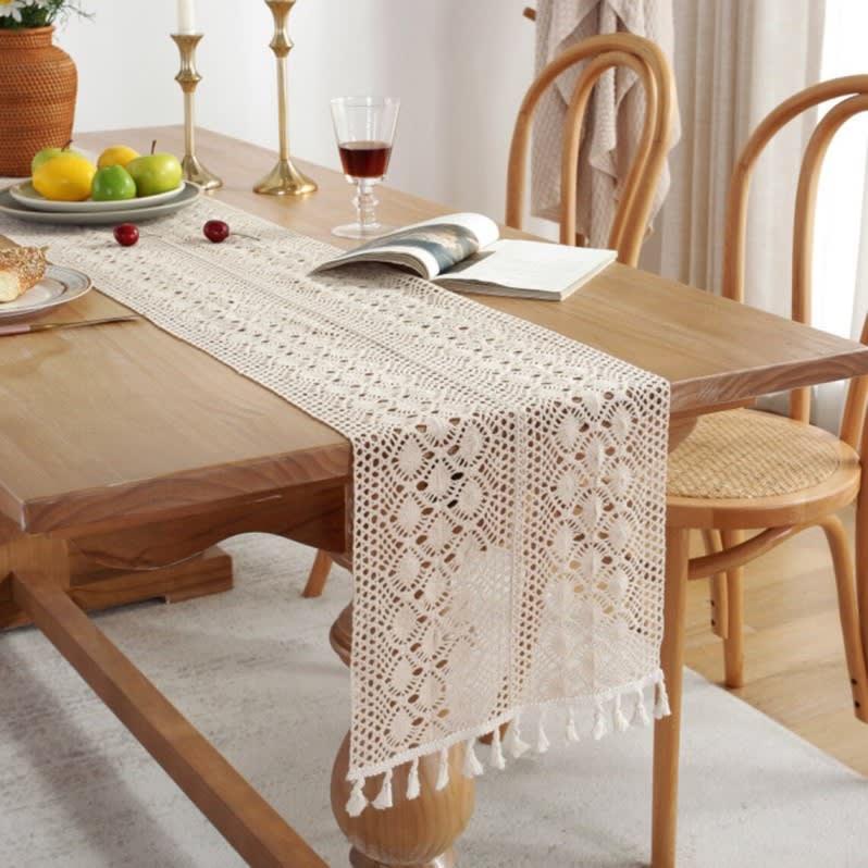 Handmade Woven Table Runner With Tassels 1 Pc - Beige