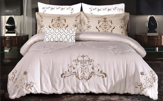 Mariam Embroidered Stripe Comforter Bedding Set 7 PCS - King L.Beige
