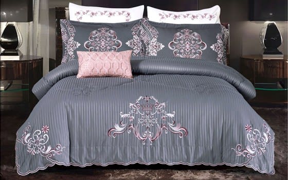 Mariam Embroidered Stripe Comforter Bedding Set 7 PCS - King Grey