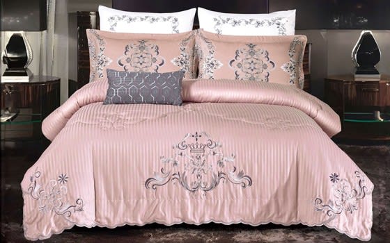 Mariam Embroidered Stripe Comforter Bedding Set 7 PCS - King Pink
