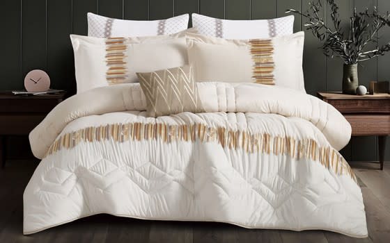Aseel Embroidered Comforter Bedding Set 7 PCS - King White & L.Beige
