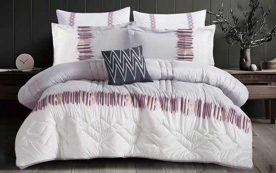 Aseel Embroidered Comforter Bedding Set 7 PCS - King White & Grey