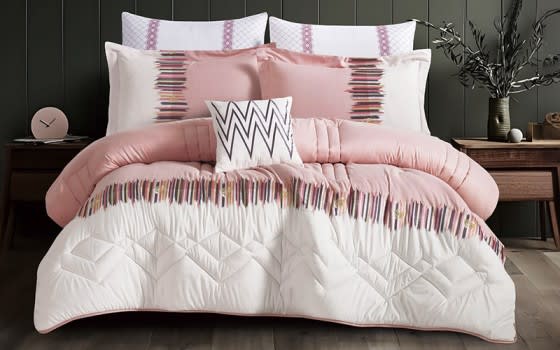 Aseel Embroidered Comforter Bedding Set 7 PCS - King White & Pink
