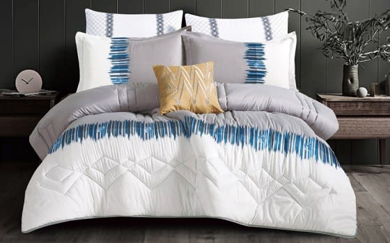 Aseel Embroidered Comforter Bedding Set 7 PCS - King White & Grey