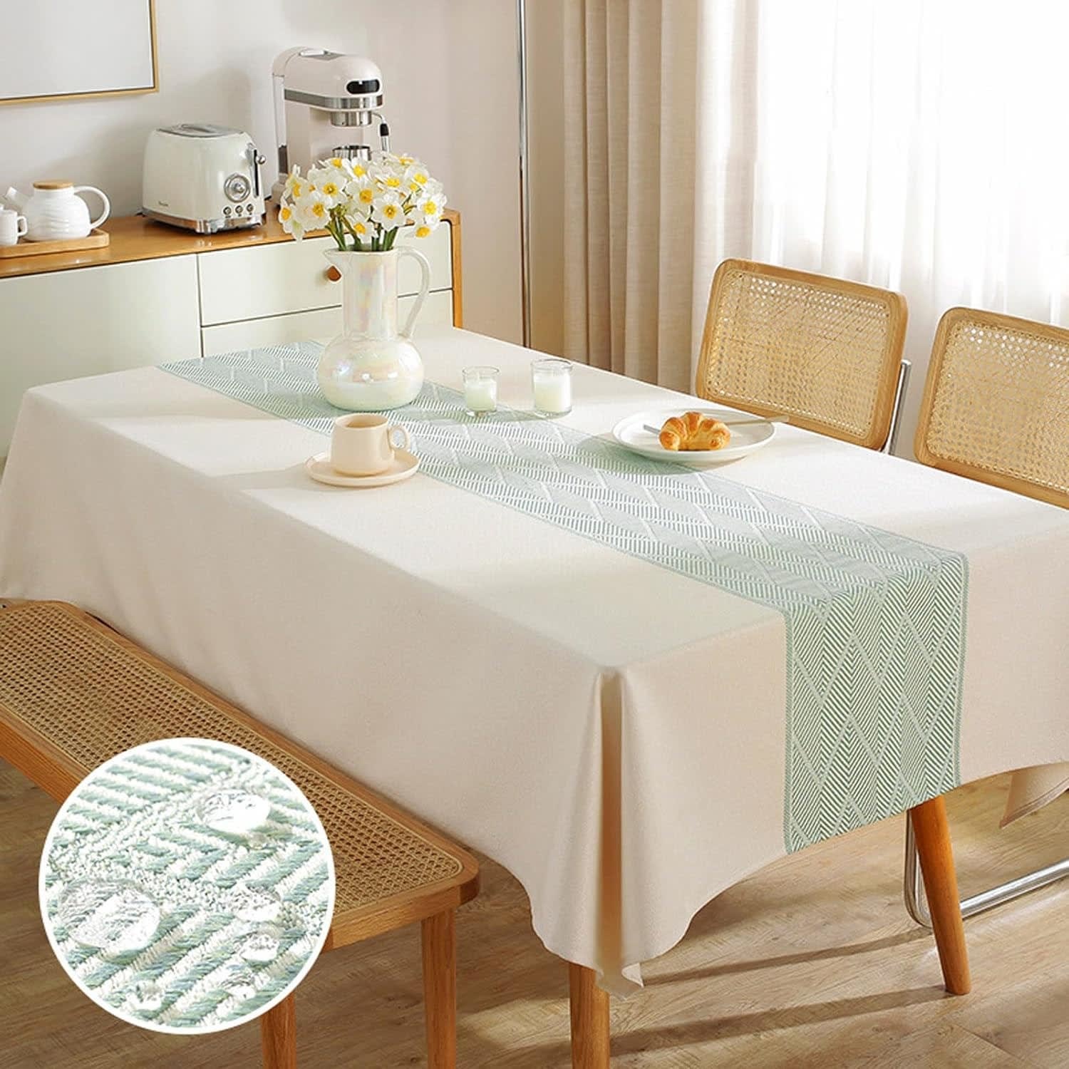 Linen Cotton Waterproof Tablecloth 1 Pc - Cream & Green