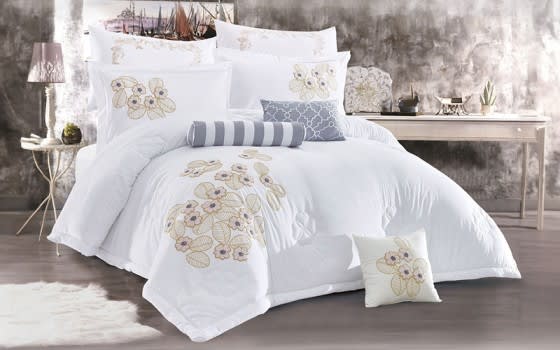 Freesia Embroidered Comforter Bedding Set 9 PCS - King White