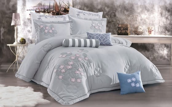 Freesia Embroidered Comforter Bedding Set 9 PCS - King L.Grey