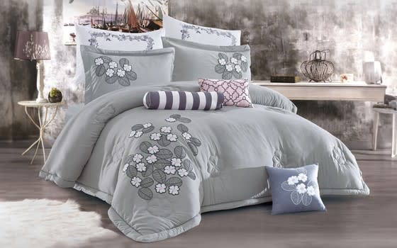Freesia Embroidered Comforter Bedding Set 9 PCS - King Grey