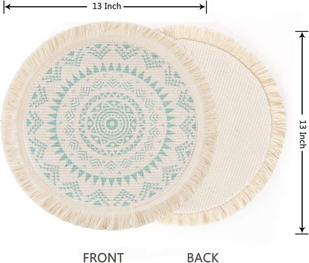 Round Cotton Handwoven Placemat 1 Pc - Cream & Turquoise