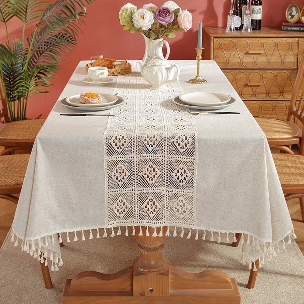 Lace Cotton Linen Tablecloth with tassels 1 Pc - Cream