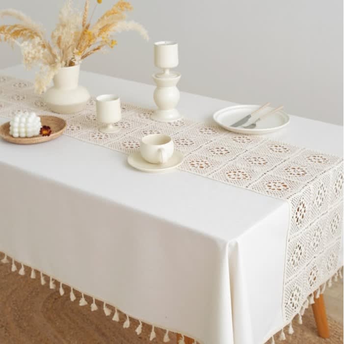 Lace Cotton Linen Tablecloth with tassels 1 Pc - Cream