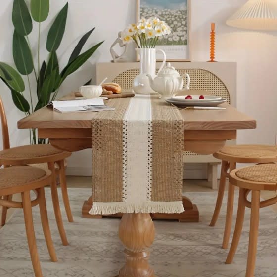 Handwoven Cotton Linen Table Runner With Tassels 1 Pc - Beige