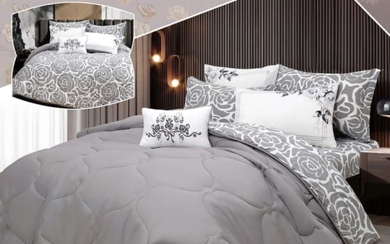 Spring Cotton Double Face Comforter Bedding Set 6 PCS - Queen Grey