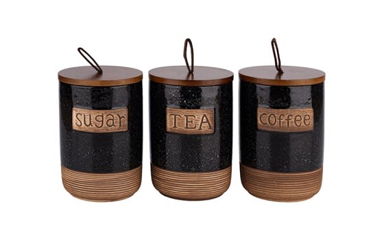 Ceramic Coffee & Sugar & Tea Canister Set 3 PCS - Black & Brown