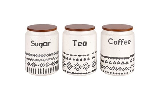 Ceramic Coffee & Sugar & Tea Canister Set 3 PCS - Off White & Brown