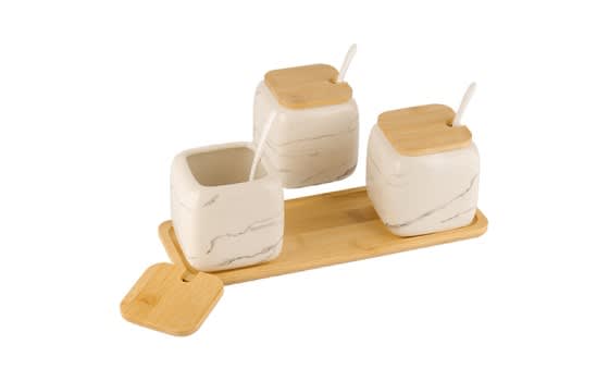 Ceramic Canister Set with Lid & 3 Spoon & Wood Stand 3 PCS - Off White