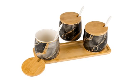 Ceramic Canister Set with Lid & 3 Spoon & Wood Stand 3 PCS -Black & Grey