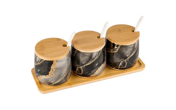 Ceramic Canister Set with Lid & 3 Spoon & Wood Stand 3 PCS -Black & Grey