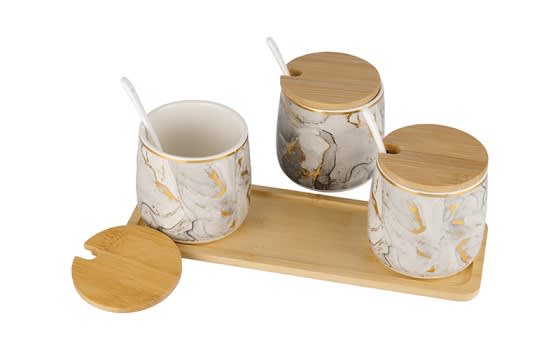 Ceramic Canister Set with Lid & 3 Spoon & Wood Stand 3 PCS -Off White