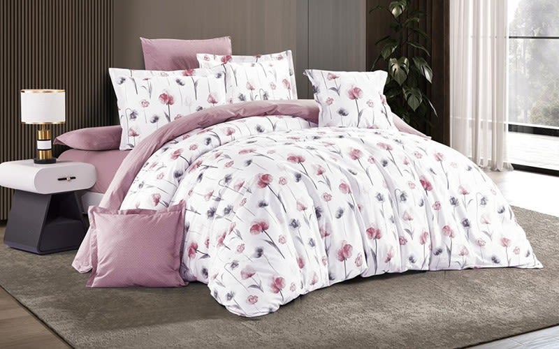 Moon Cotton Double Face Comforter Bedding Set 6 PCS - Queen White & Pink