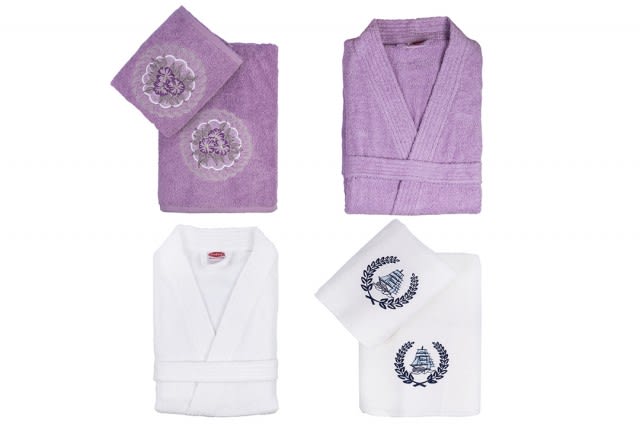 Hobby Cotton Bathrobes Set 6 PCS - White & Purple