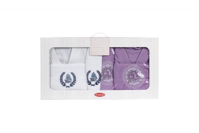 Hobby Cotton Bathrobes Set 6 PCS - White & Purple