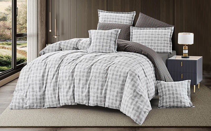 Tamara Cotton Double Face Comforter Bedding Set 8 PCS - King Off White & Grey