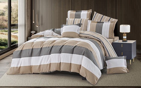 Tamara Cotton Double Face Comforter Bedding Set 8 PCS - King Beige & Grey & White