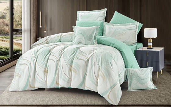 Tamara Cotton Double Face Comforter Bedding Set 8 PCS - King White & Turquoise