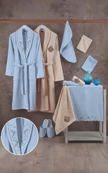 Taren Cotton Embroidered Bathrobe Set 13 PCS- Blue & Beige