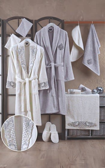 Mies Cotton Lace Bathrobe Set 13 PCS- Cream & Grey