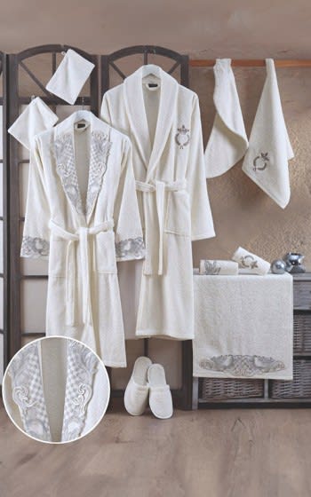 Mies Cotton Lace Bathrobe Set 13 PCS- Cream & Silver