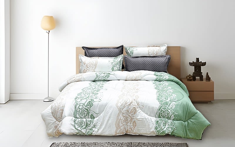 Armada Printed Comforter Bedding Set 6 PCS - King Green & Beige & Off white