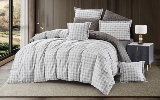 Tamara Cotton Double Face Comforter Bedding Set 6 Pcs - Queen Off White & Grey