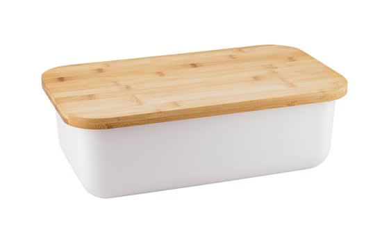صندوق الخبز مع غطاء الخيزران  - أبيض