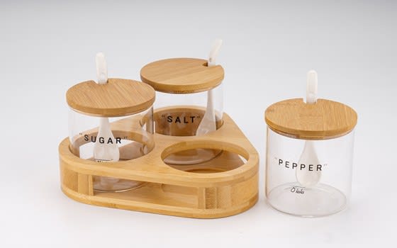 Versatile Glass Storage Canister Set with Spoons and Wooden Base 4pcs