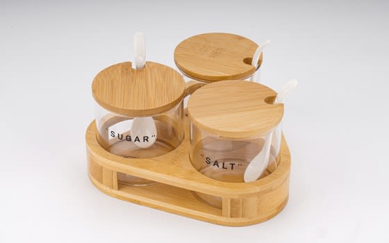 Versatile Glass Storage Canister Set with Spoons and Wooden Base 4pcs