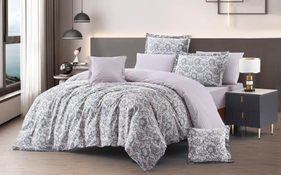 Pima Double Face Comforter Bedding Set 6 Pcs - Queen Grey & White