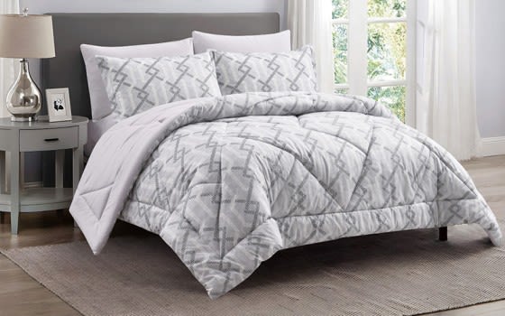Stellar Printed Comforter Bedding Set 4 PCS - Single Off White & Grey