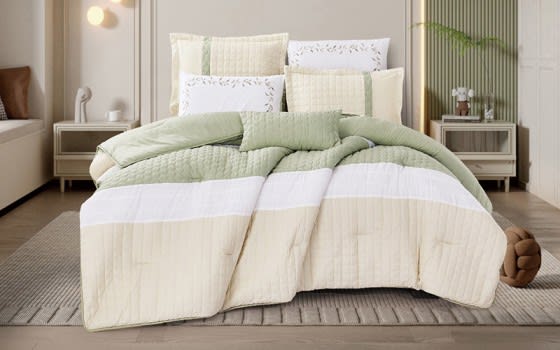 Vivian Comforter Bedding Set 7 PCS - King Cream & Green