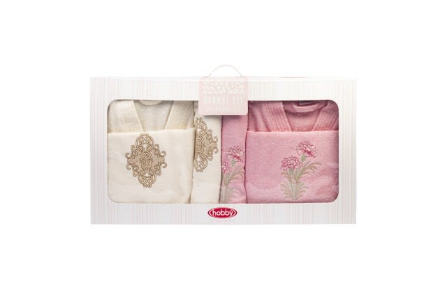 Hobby Cotton Bathrobes Set 6 PCS - Off-White & Pink