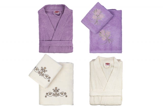 Hobby Cotton Bathrobes Set 6 PCS - Purple & Off-White