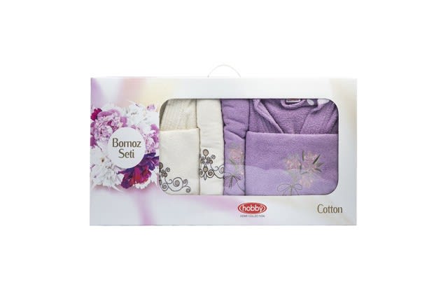 Hobby Cotton Bathrobes Set 6 PCS - Purple & Off-White