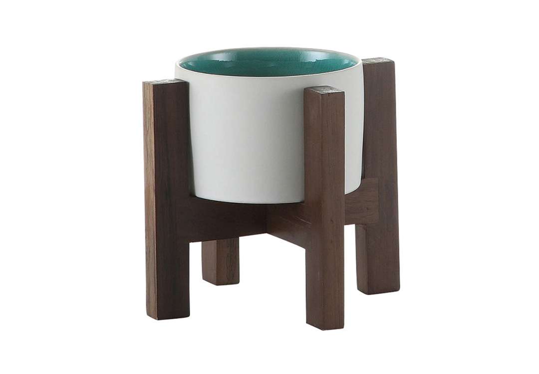 Vase With Wooden Stand  For Decor 1 PC - White & D.Brown & Green