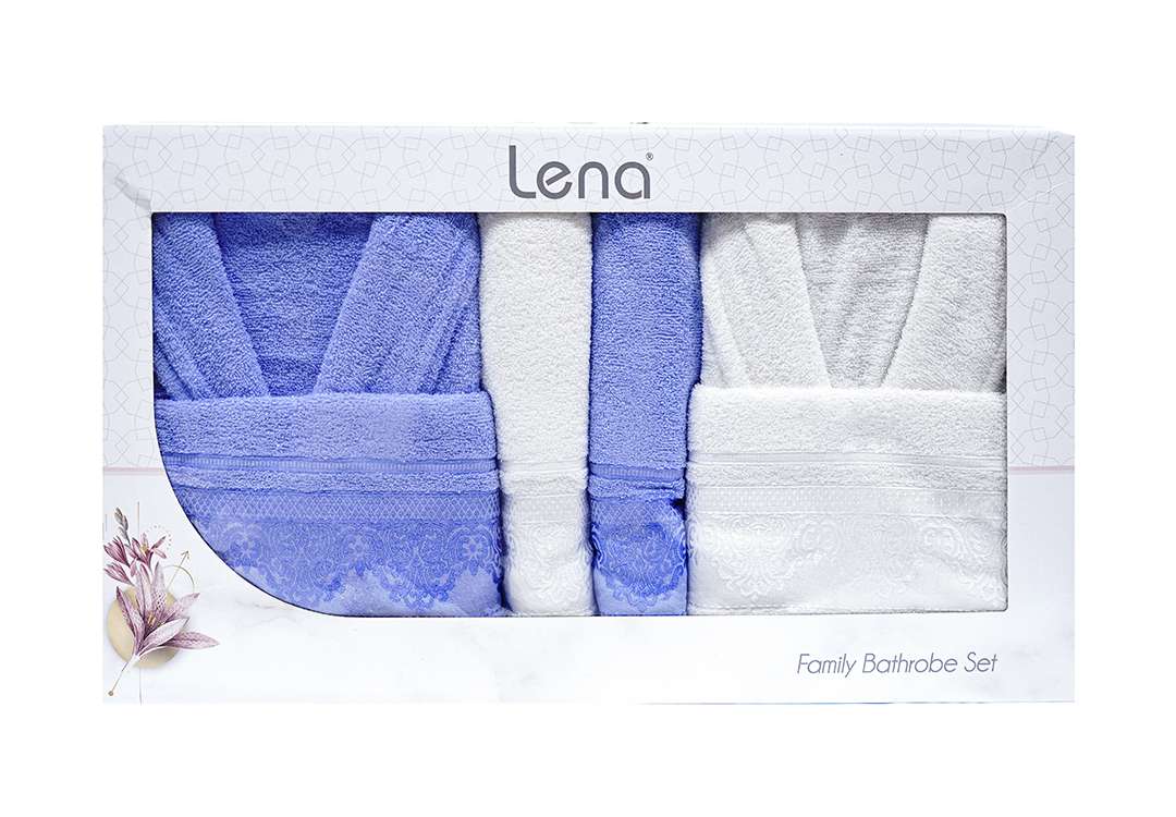 Lena Bathrobe Set For Women & Men 6 PCS - D.Blue & White